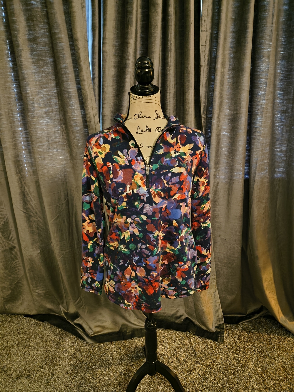 Talbots Multicolor Floral Zip-Neck Long Sleeve Pullover